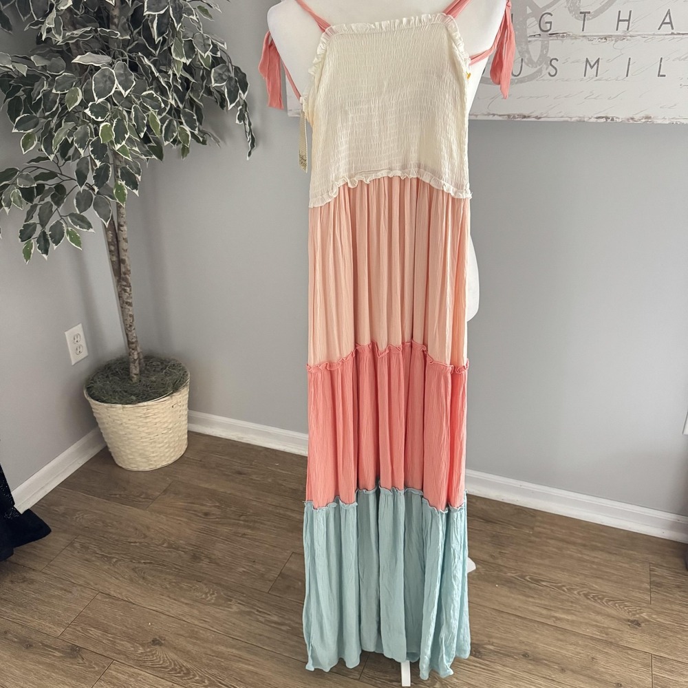 BeBop Dress Juniors XS Colorblock Maxi Smocked Ruffle Tiered Sundress Boho Beach